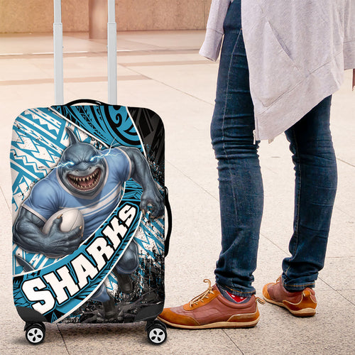 Cronulla Sutherland Sharks Rugby Luggage Cover Tribal Polynesian Power Art - Lightning Mascot
