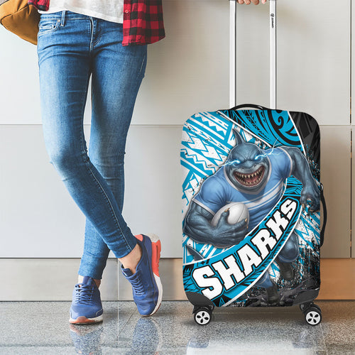 Cronulla Sutherland Sharks Rugby Luggage Cover Tribal Polynesian Power Art - Lightning Mascot