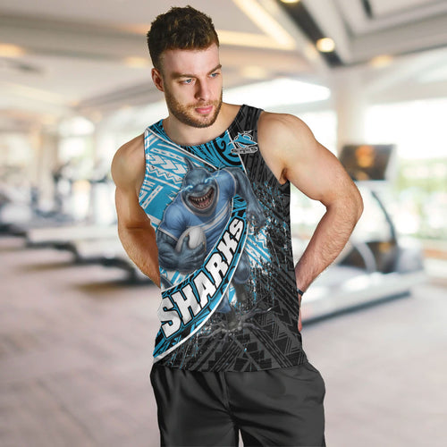 Cronulla Sutherland Sharks Rugby Men Tank Top Tribal Polynesian Power Art - Lightning Mascot