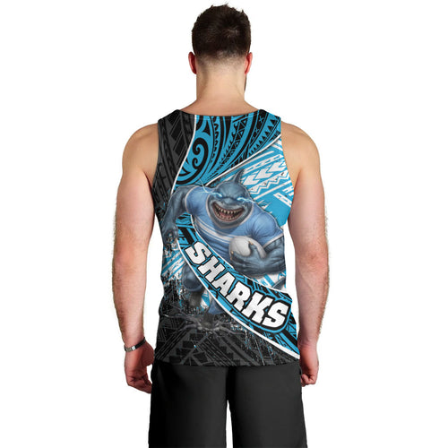 Cronulla Sutherland Sharks Rugby Men Tank Top Tribal Polynesian Power Art - Lightning Mascot