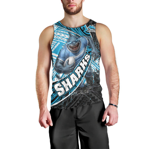 Cronulla Sutherland Sharks Rugby Men Tank Top Tribal Polynesian Power Art - Lightning Mascot