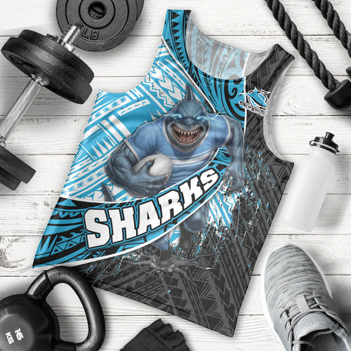 Cronulla Sutherland Sharks Rugby Men Tank Top Tribal Polynesian Power Art - Lightning Mascot
