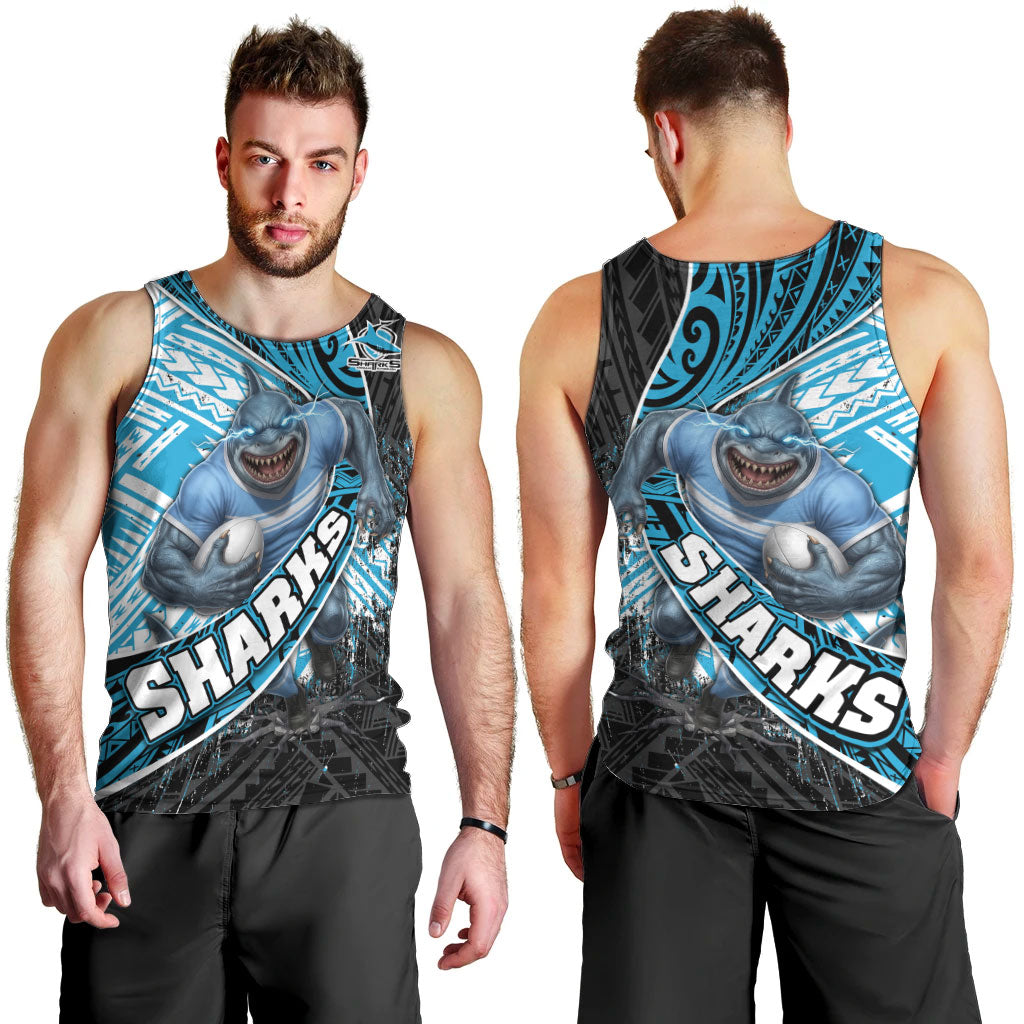 Cronulla Sutherland Sharks Rugby Men Tank Top Tribal Polynesian Power Art - Lightning Mascot