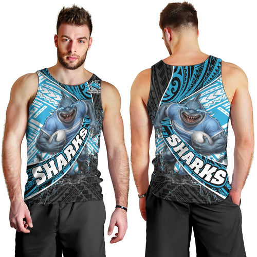 Cronulla Sutherland Sharks Rugby Men Tank Top Tribal Polynesian Power Art - Lightning Mascot