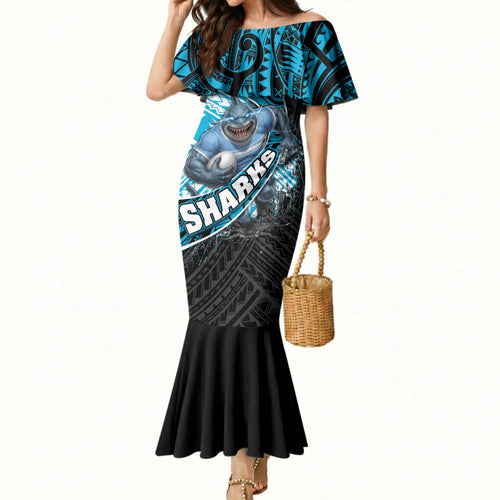 Cronulla Sutherland Sharks Rugby Mermaid Dress Tribal Polynesian Power Art - Lightning Mascot