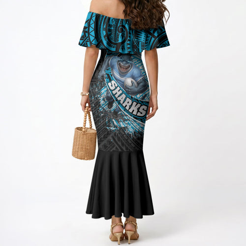 Cronulla Sutherland Sharks Rugby Mermaid Dress Tribal Polynesian Power Art - Lightning Mascot