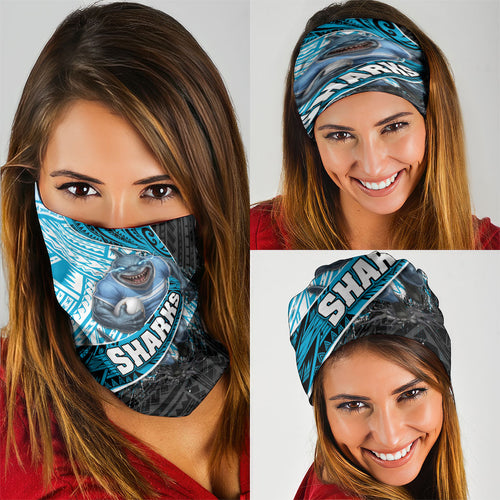 Cronulla Sutherland Sharks Rugby Neck Gaiter Tribal Polynesian Power Art - Lightning Mascot