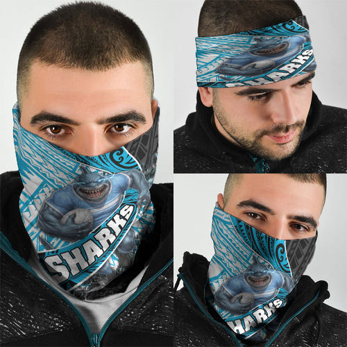 Cronulla Sutherland Sharks Rugby Neck Gaiter Tribal Polynesian Power Art - Lightning Mascot