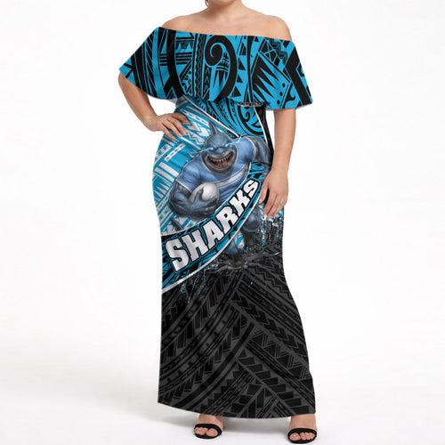 Cronulla Sutherland Sharks Rugby Off Shoulder Maxi Dress Tribal Polynesian Power Art - Lightning Mascot