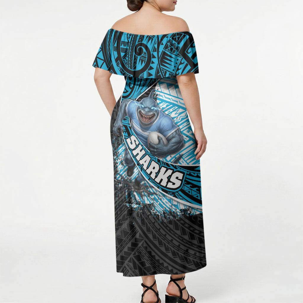 Cronulla Sutherland Sharks Rugby Off Shoulder Maxi Dress Tribal Polynesian Power Art - Lightning Mascot