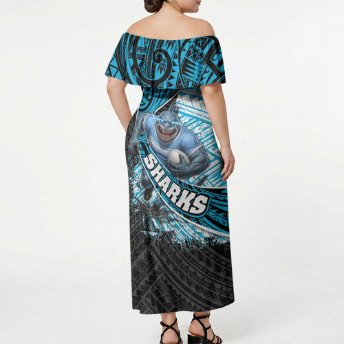 Cronulla Sutherland Sharks Rugby Off Shoulder Maxi Dress Tribal Polynesian Power Art - Lightning Mascot