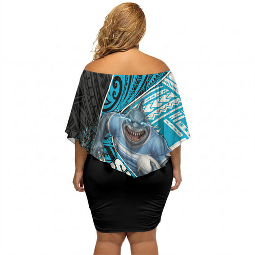 Cronulla Sutherland Sharks Rugby Off Shoulder Short Dress Tribal Polynesian Power Art - Lightning Mascot