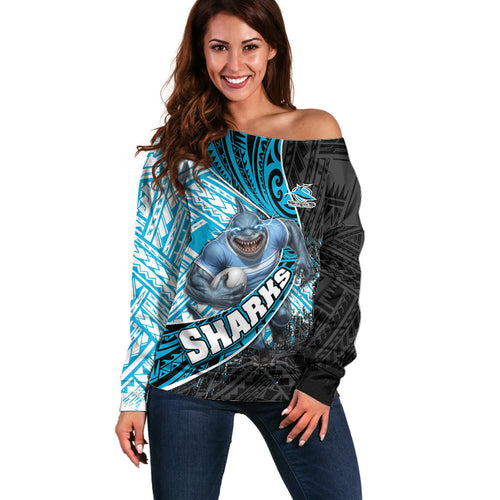 Cronulla Sutherland Sharks Rugby Off Shoulder Sweater Tribal Polynesian Power Art - Lightning Mascot