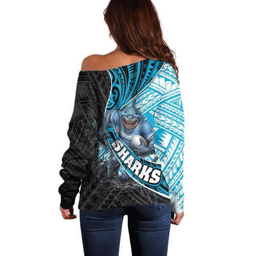 Cronulla Sutherland Sharks Rugby Off Shoulder Sweater Tribal Polynesian Power Art - Lightning Mascot