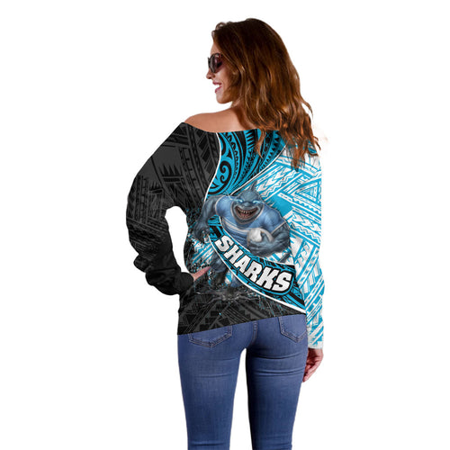 Cronulla Sutherland Sharks Rugby Off Shoulder Sweater Tribal Polynesian Power Art - Lightning Mascot