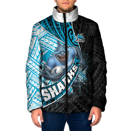 Cronulla Sutherland Sharks Rugby Padded Jacket Tribal Polynesian Power Art - Lightning Mascot