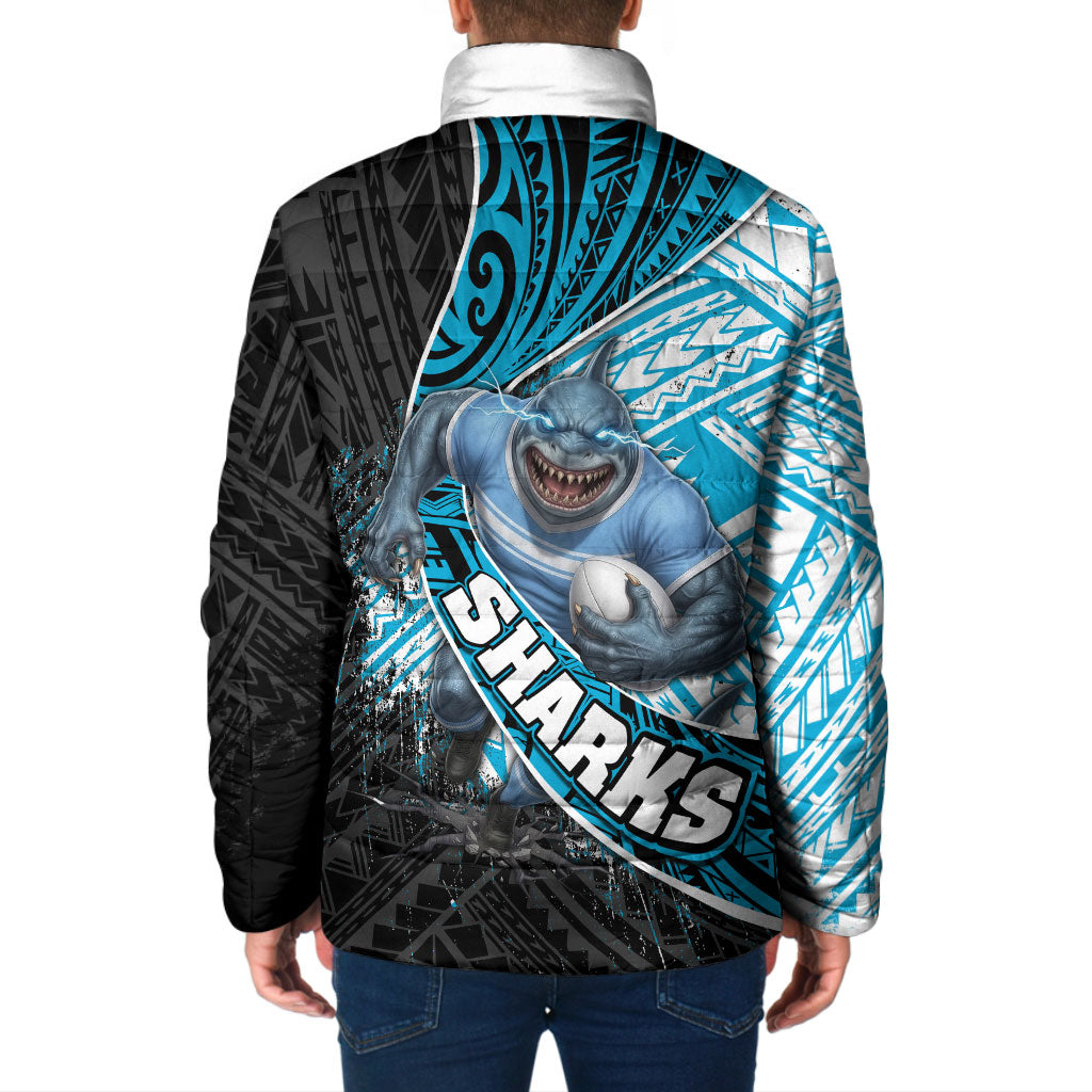 Cronulla Sutherland Sharks Rugby Padded Jacket Tribal Polynesian Power Art - Lightning Mascot