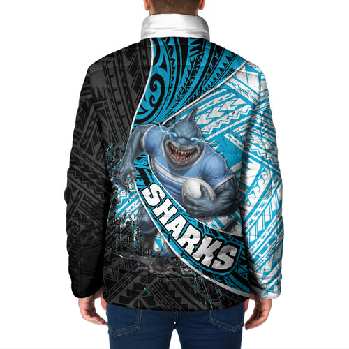 Cronulla Sutherland Sharks Rugby Padded Jacket Tribal Polynesian Power Art - Lightning Mascot