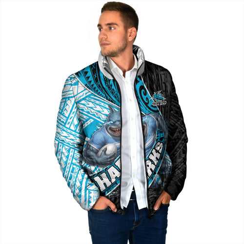 Cronulla Sutherland Sharks Rugby Padded Jacket Tribal Polynesian Power Art - Lightning Mascot