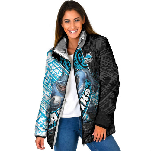 Cronulla Sutherland Sharks Rugby Padded Jacket Tribal Polynesian Power Art - Lightning Mascot