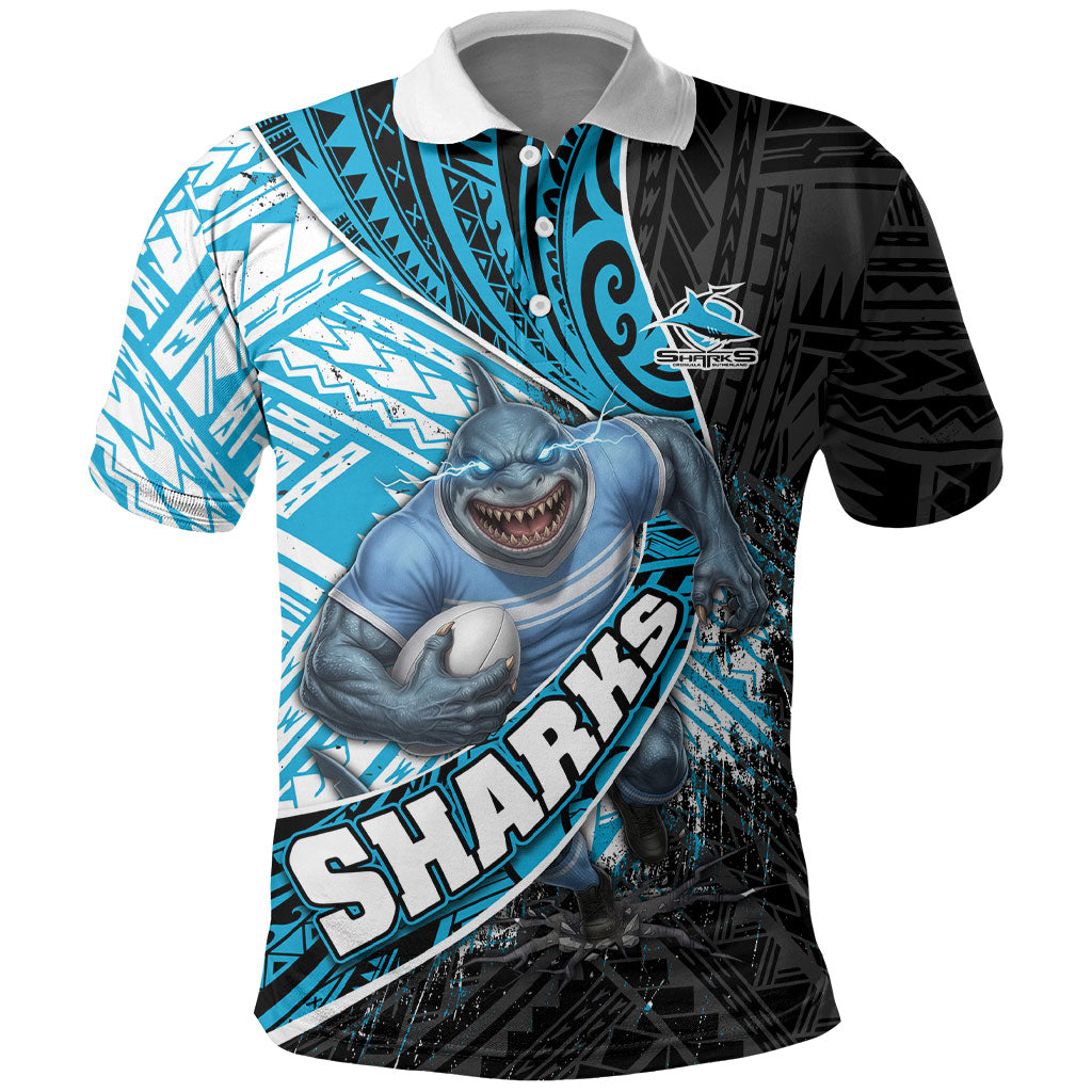 Cronulla Sutherland Sharks Rugby Polo Shirt Tribal Polynesian Power Art - Lightning Mascot