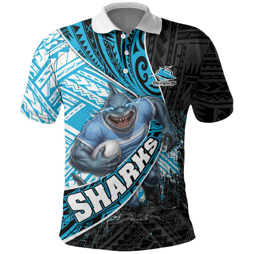Cronulla Sutherland Sharks Rugby Polo Shirt Tribal Polynesian Power Art - Lightning Mascot