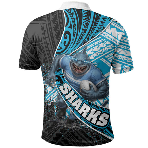 Cronulla Sutherland Sharks Rugby Polo Shirt Tribal Polynesian Power Art - Lightning Mascot