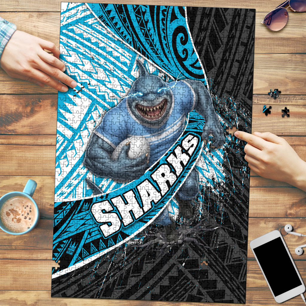 Cronulla Sutherland Sharks Rugby Puzzle Tribal Polynesian Power Art - Lightning Mascot