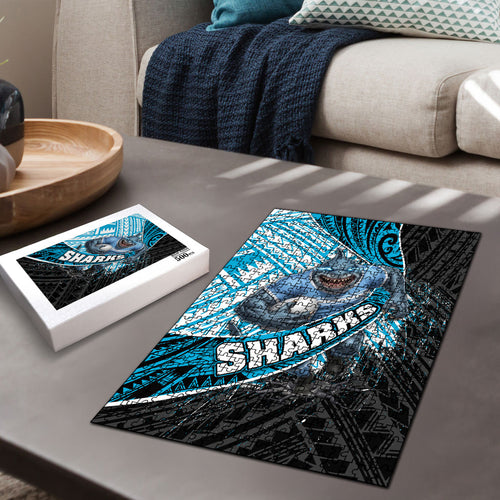 Cronulla Sutherland Sharks Rugby Puzzle Tribal Polynesian Power Art - Lightning Mascot