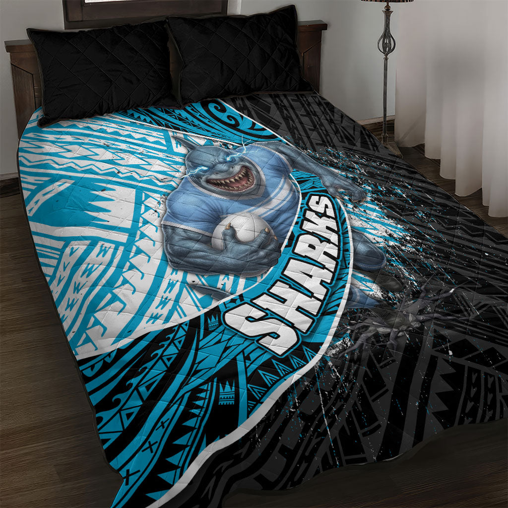 Cronulla Sutherland Sharks Rugby Quilt Bed Set Tribal Polynesian Power Art - Lightning Mascot
