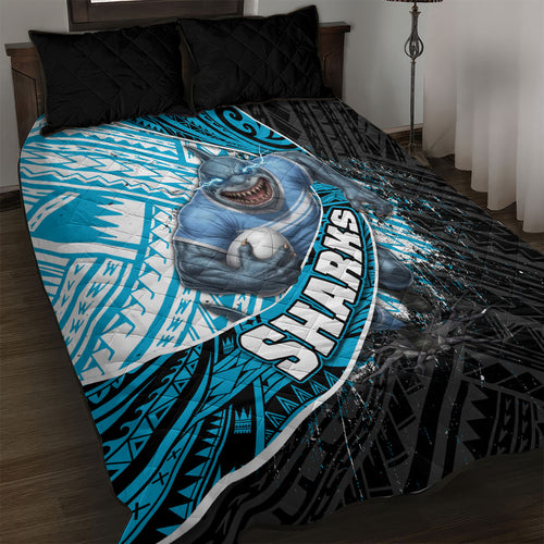 Cronulla Sutherland Sharks Rugby Quilt Bed Set Tribal Polynesian Power Art - Lightning Mascot
