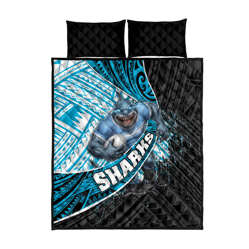 Cronulla Sutherland Sharks Rugby Quilt Bed Set Tribal Polynesian Power Art - Lightning Mascot