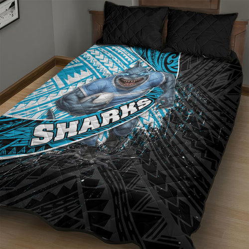 Cronulla Sutherland Sharks Rugby Quilt Bed Set Tribal Polynesian Power Art - Lightning Mascot