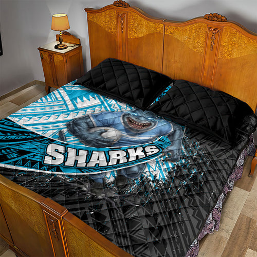 Cronulla Sutherland Sharks Rugby Quilt Bed Set Tribal Polynesian Power Art - Lightning Mascot