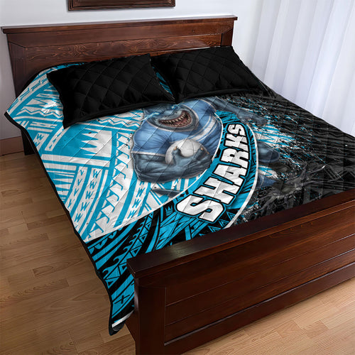 Cronulla Sutherland Sharks Rugby Quilt Bed Set Tribal Polynesian Power Art - Lightning Mascot
