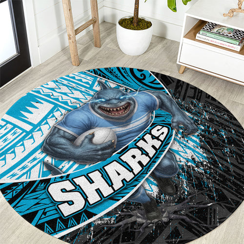 Cronulla Sutherland Sharks Rugby Round Carpet Tribal Polynesian Power Art - Lightning Mascot