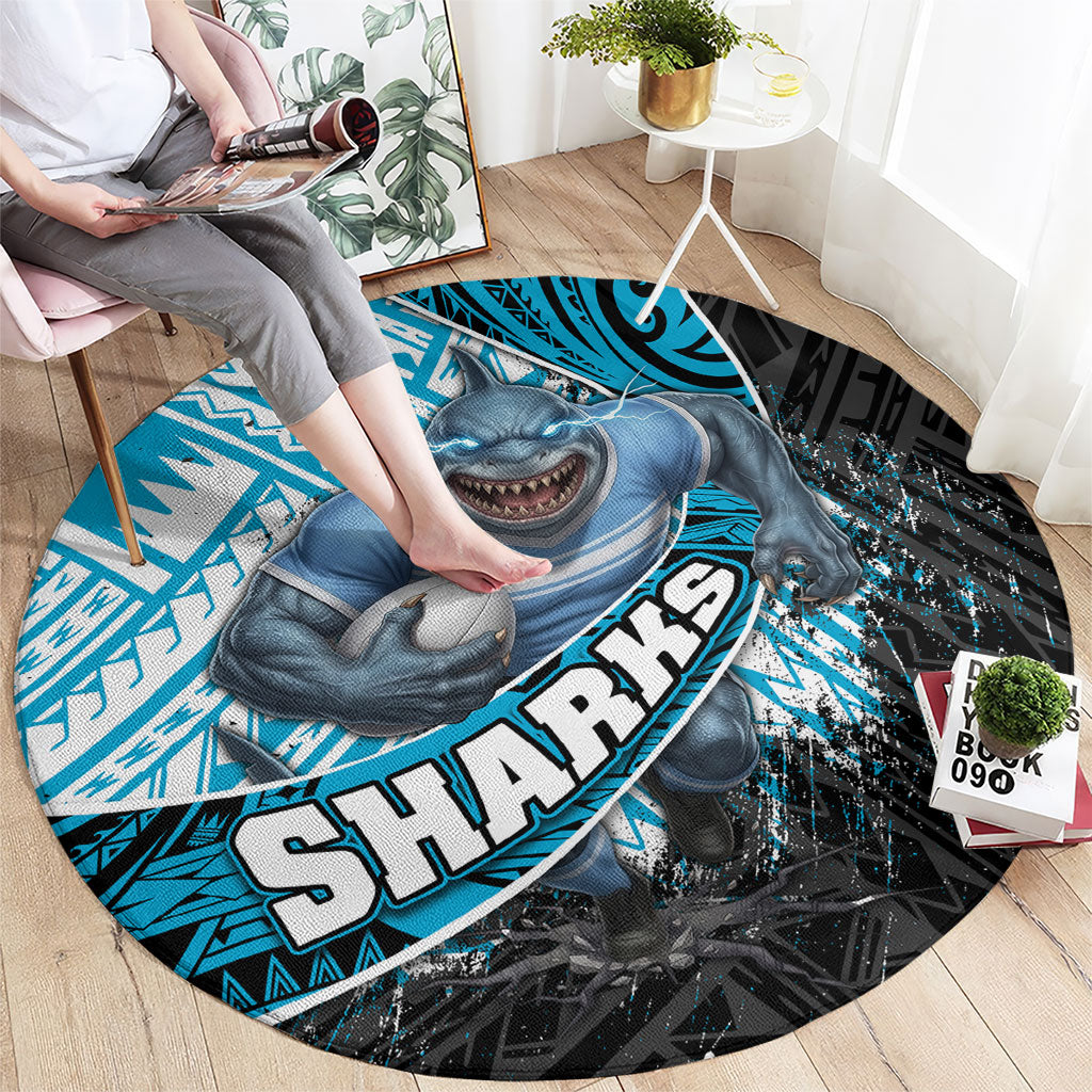 Cronulla Sutherland Sharks Rugby Round Carpet Tribal Polynesian Power Art - Lightning Mascot