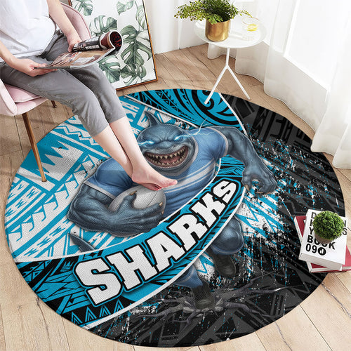 Cronulla Sutherland Sharks Rugby Round Carpet Tribal Polynesian Power Art - Lightning Mascot