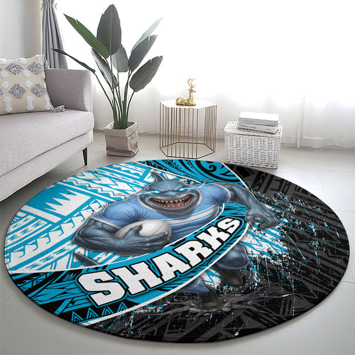 Cronulla Sutherland Sharks Rugby Round Carpet Tribal Polynesian Power Art - Lightning Mascot