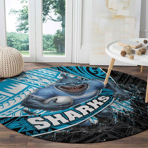 Cronulla Sutherland Sharks Rugby Round Carpet Tribal Polynesian Power Art - Lightning Mascot