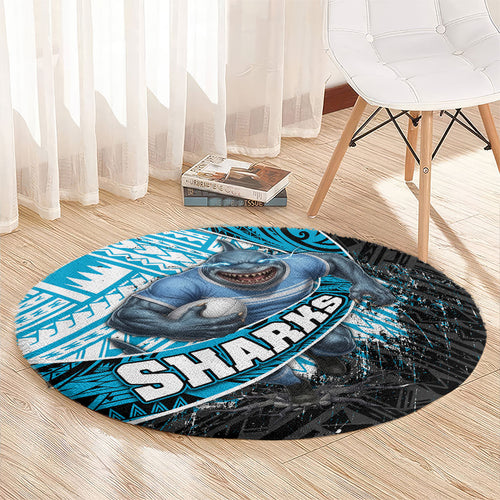 Cronulla Sutherland Sharks Rugby Round Carpet Tribal Polynesian Power Art - Lightning Mascot