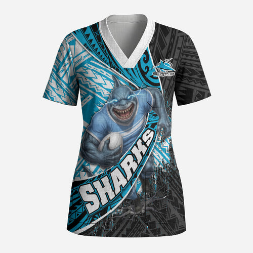 Cronulla Sutherland Sharks Rugby Scrub Top Tribal Polynesian Power Art - Lightning Mascot