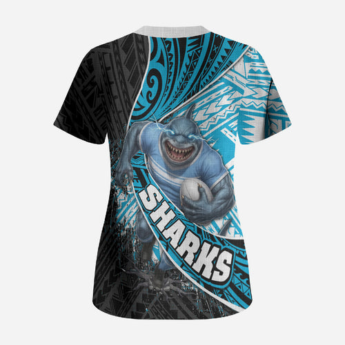 Cronulla Sutherland Sharks Rugby Scrub Top Tribal Polynesian Power Art - Lightning Mascot