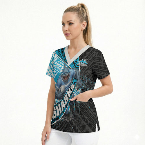 Cronulla Sutherland Sharks Rugby Scrub Top Tribal Polynesian Power Art - Lightning Mascot