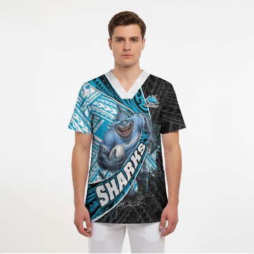 Cronulla Sutherland Sharks Rugby Scrub Top Tribal Polynesian Power Art - Lightning Mascot