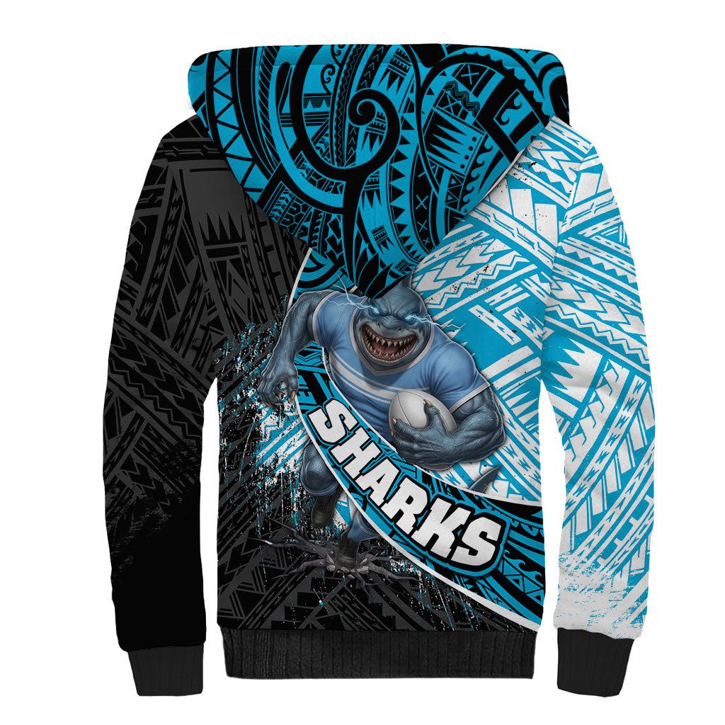 Cronulla Sutherland Sharks Rugby Sherpa Hoodie Tribal Polynesian Power Art - Lightning Mascot