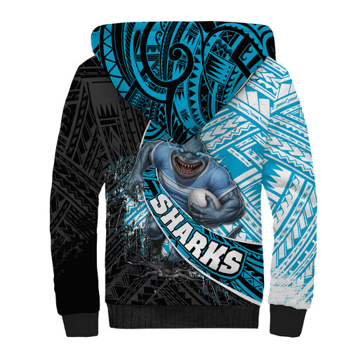 Cronulla Sutherland Sharks Rugby Sherpa Hoodie Tribal Polynesian Power Art - Lightning Mascot