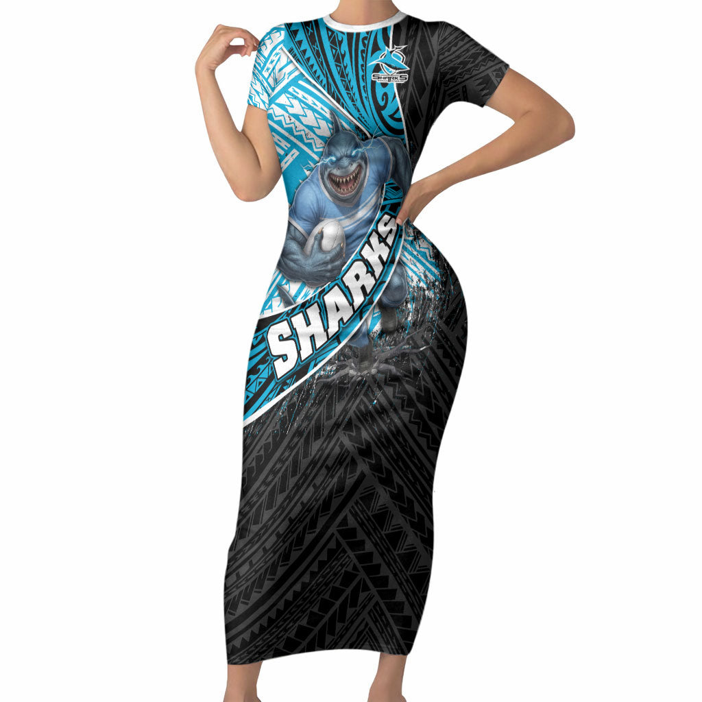 Cronulla Sutherland Sharks Rugby Short Sleeve Bodycon Dress Tribal Polynesian Power Art - Lightning Mascot