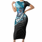 Cronulla Sutherland Sharks Rugby Short Sleeve Bodycon Dress Tribal Polynesian Power Art - Lightning Mascot