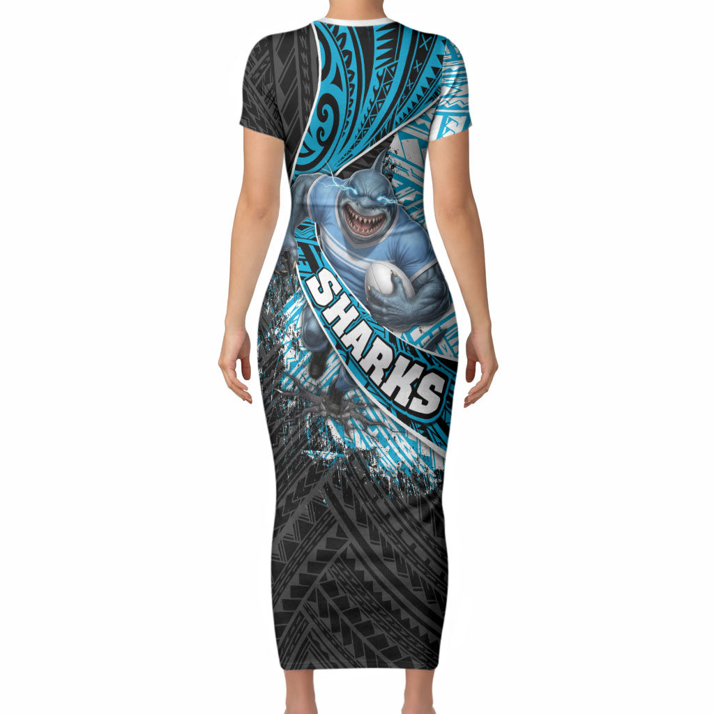 Cronulla Sutherland Sharks Rugby Short Sleeve Bodycon Dress Tribal Polynesian Power Art - Lightning Mascot